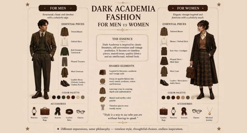 Dark Academia Fashion: Complete Style Guide, Outfit Ideas & Wardrobe Essentials (2026) 6 Dark Academia Fashion for Men vs Women